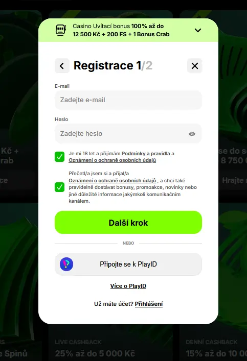 Spinit Kasino registrační formulář – vytvoření účtu krok za krokem